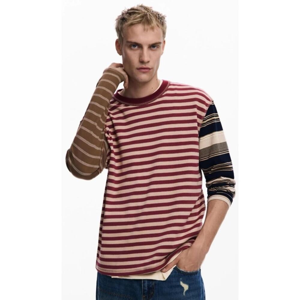 NWT Desigual Grunge Striped T Shirt Long Sleeve Red Navy Multi Mens Size Large